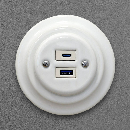 Porcelain USB Charging Socket – Retro Loft Style | Vintage Design, Flush-Mounted, USB A+C Socket in White Ceramic