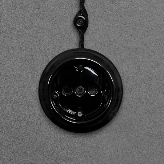 Single SCHUKO porcelain socket insert, black, surface-mounted, front view