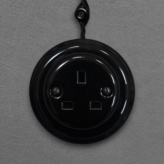 Black porcelain UK Plug Socket, surface-mounted, front