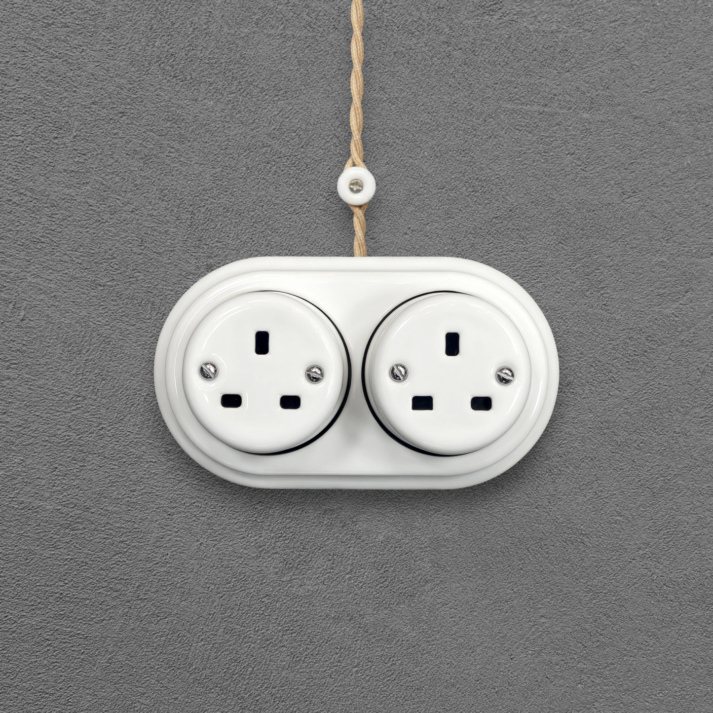 Double white porcelain UK Plug Socket, surface-mounted