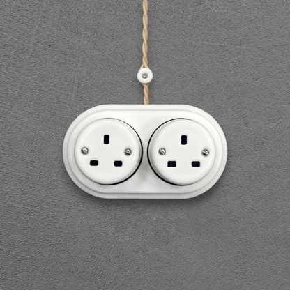 Double white porcelain UK Plug Socket, surface-mounted