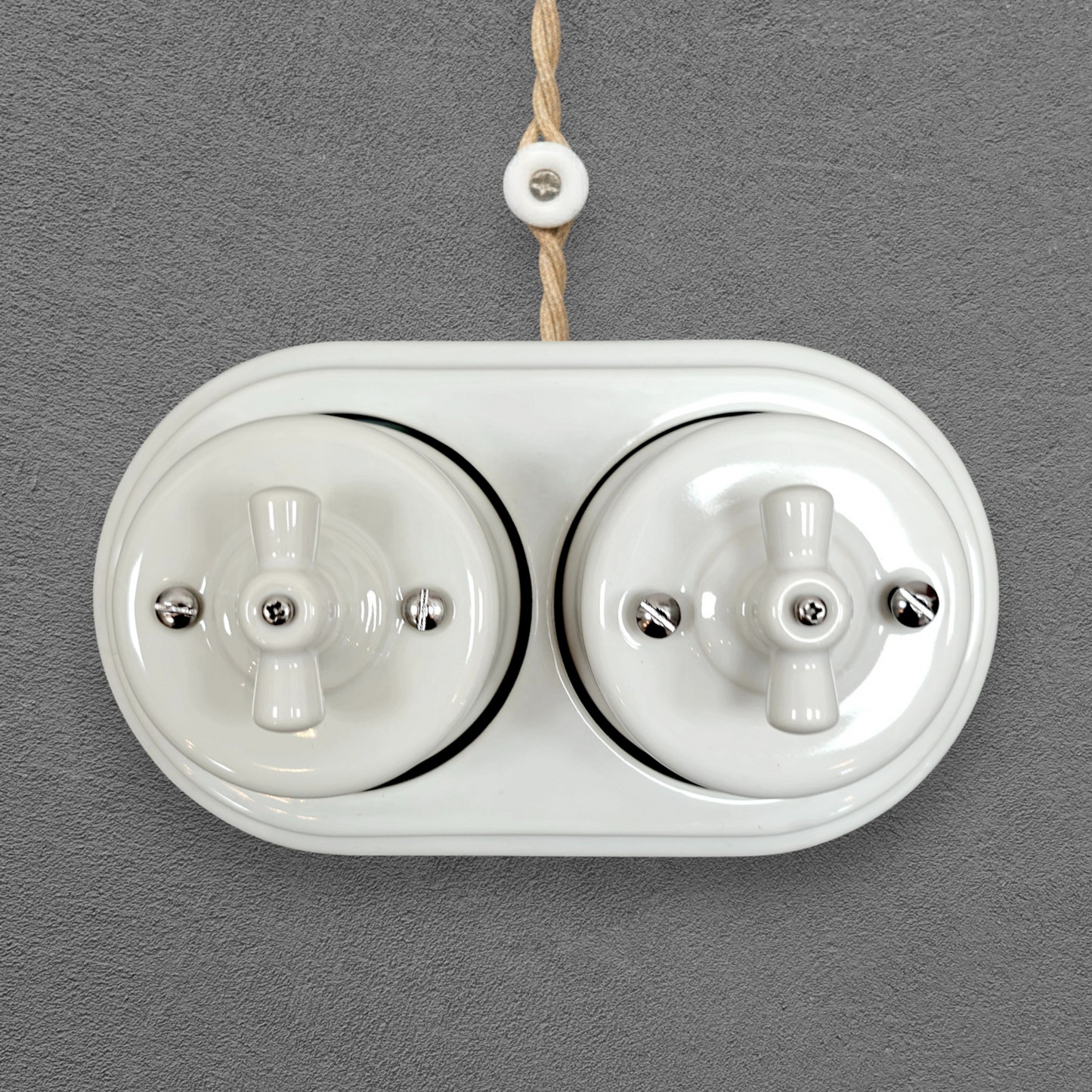 double white porcelain double1way rotary switch, surface-mount, front