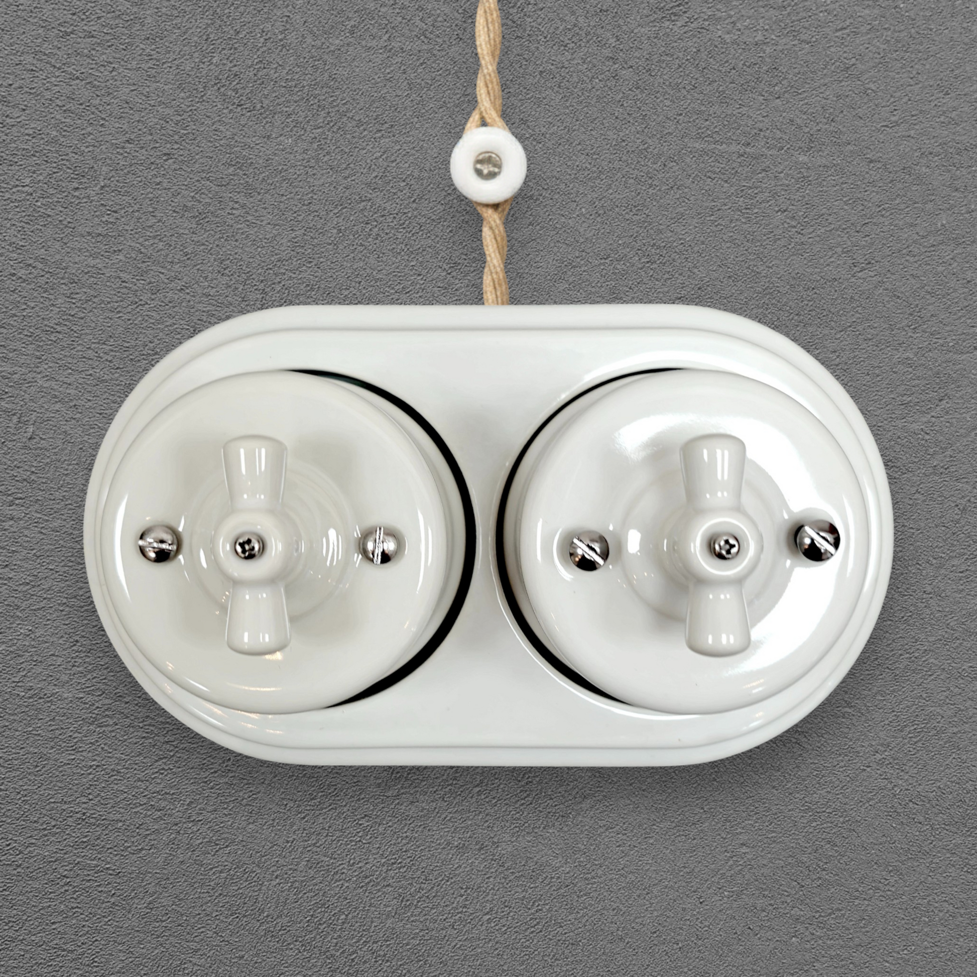 double white porcelain double1way rotary switch, surface-mount, front