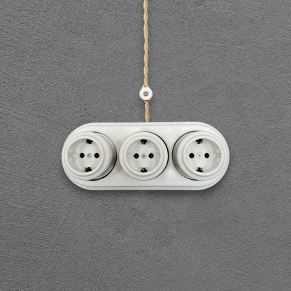 Triple SCHUKO porcelain socket, white, surface-mounted