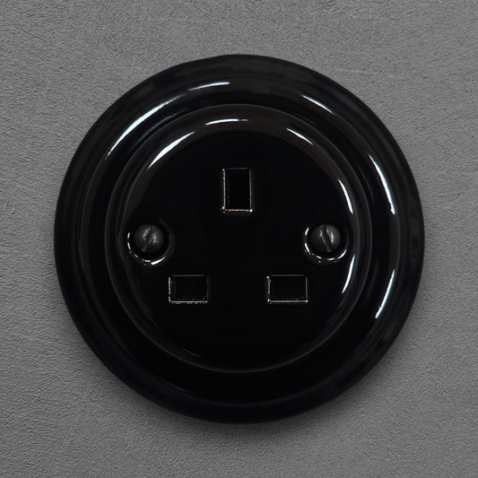 Power Socket 3 Prong UK Porcelain Surface Mounted Loft Retro Electrical Surface Mounted Vintage Cottage Ceramic Black
