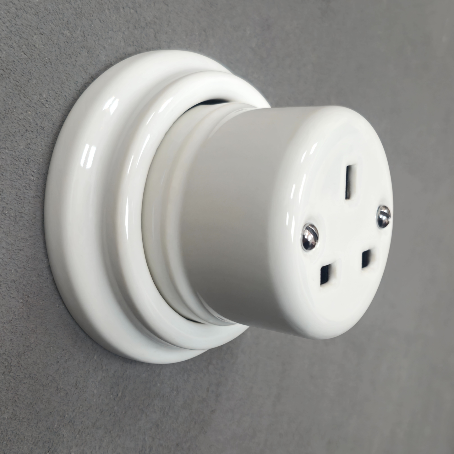 White porcelain UK Plug Socket, surface-mounted, side
