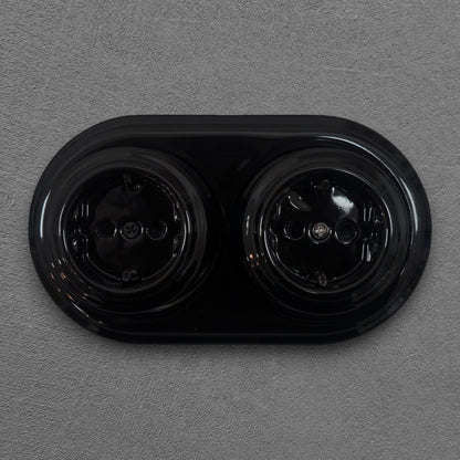 Surface-Mounting Double Frame German Schuko Power Socket Porcelain Loft Retro Electrical Vintage Cottage Ceramic Black