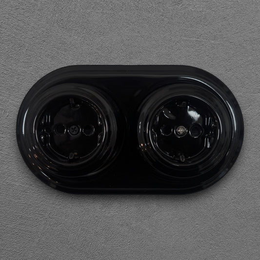 Surface-Mounting Double Frame German Schuko Power Socket Porcelain Loft Retro Electrical Vintage Cottage Ceramic Black