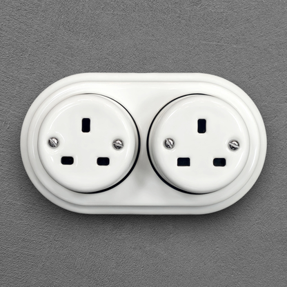 Surface Mounting Double Power Socket Porcelain Loft Retro Electrical UK 3 Prong Surface Mounted Vintage Cottage Ceramic White