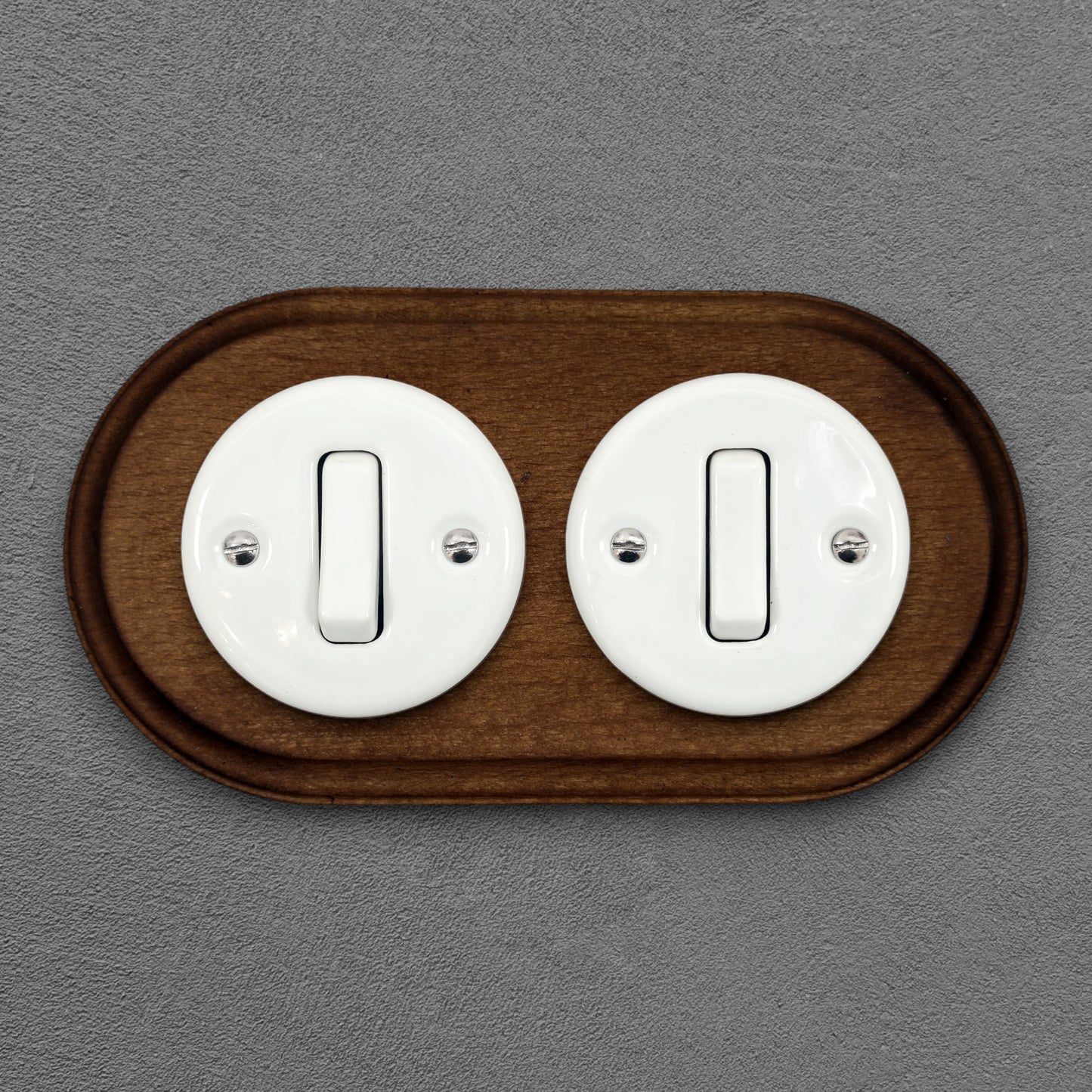 double white porcelain 1gang2way light switch dark wood frame, flush-mount, front