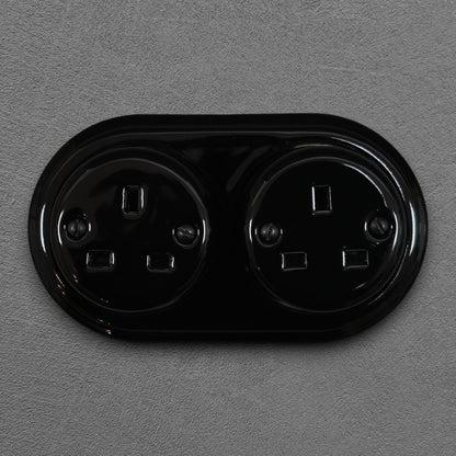 Surface Mounting Double Power Socket Porcelain Loft Retro Electrical UK 3 Prong Surface Mounted Vintage Cottage Ceramic Black