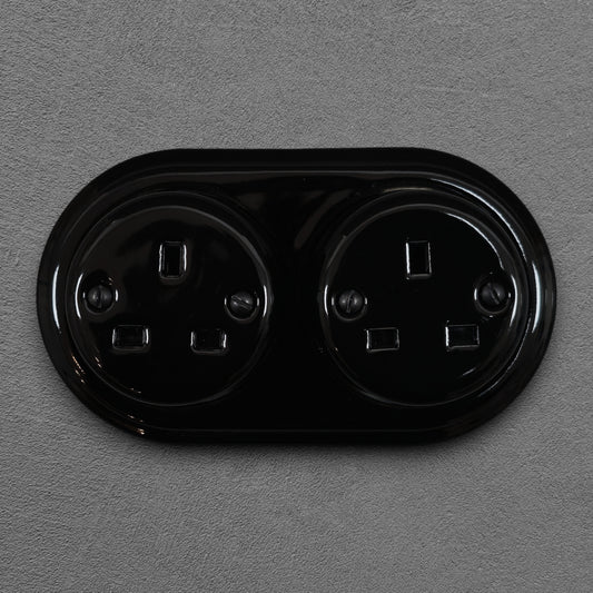 Surface Mounting Double Power Socket Porcelain Loft Retro Electrical UK 3 Prong Surface Mounted Vintage Cottage Ceramic Black