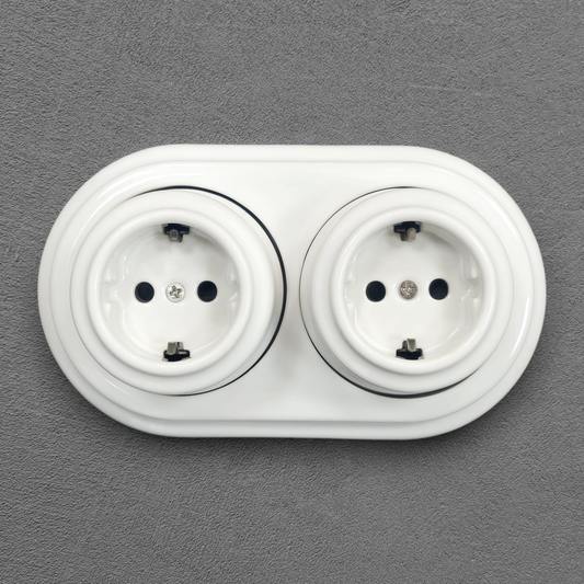 Surface-Mounting Double Frame German Schuko Power Socket Porcelain Loft Retro Electrical Vintage Cottage Ceramic White