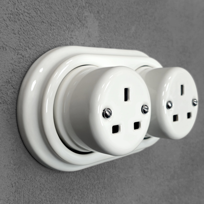 Surface Mounting Double Power Socket Porcelain Loft Retro Electrical UK 3 Prong Surface Mounted Vintage Cottage Ceramic White