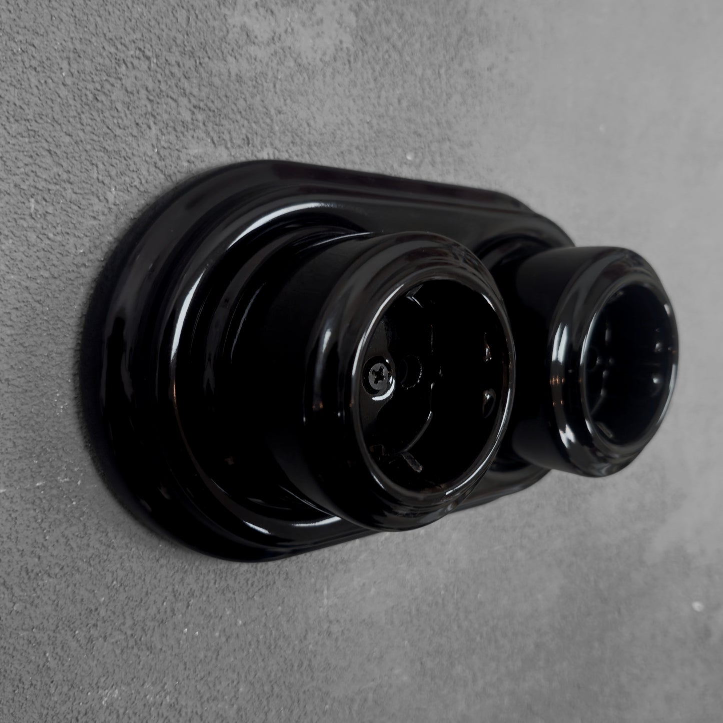 Surface-Mounting Double Frame German Schuko Power Socket Porcelain Loft Retro Electrical Vintage Cottage Ceramic Black