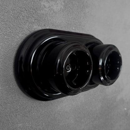 Surface-Mounting Double Frame German Schuko Power Socket Porcelain Loft Retro Electrical Vintage Cottage Ceramic Black