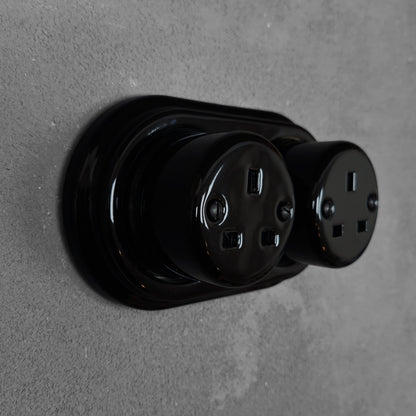 Surface Mounting Double Power Socket Porcelain Loft Retro Electrical UK 3 Prong Surface Mounted Vintage Cottage Ceramic Black