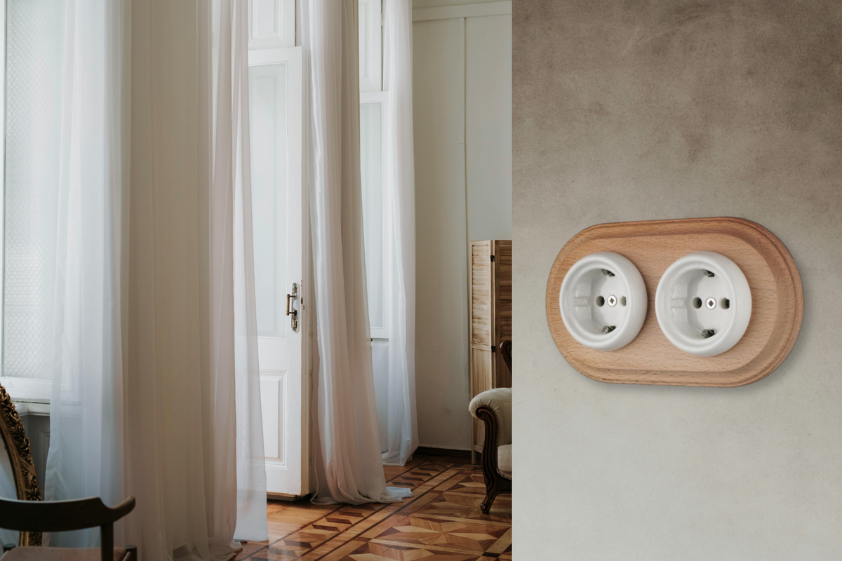 Flush Mount Crossing / Intermediate Rocker Light Switch - Single in White Porcelain & Dark Wood
