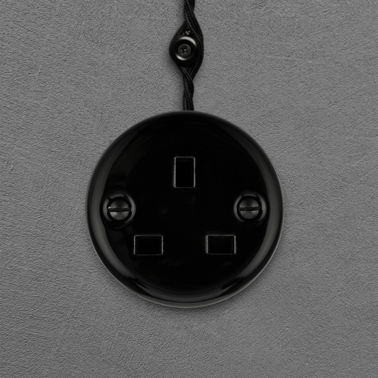 Surface Mount UK Plug Socket (Type G) – Single 3-Pin Grounded Outlet in Black Porcelain Without Frame