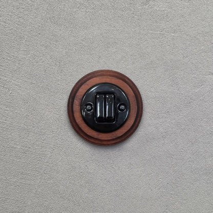 Wooden Frame Porcelain Light Switch Loft Retro 2-gang Two-way Flush-Mounting Vintage Cottage Black Ceramic