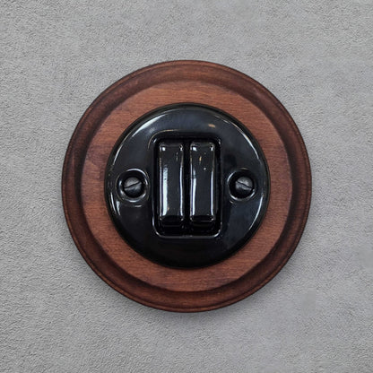 Wooden Frame Porcelain Light Switch Loft Retro 2-gang Two-way Flush-Mounting Vintage Cottage Black Ceramic