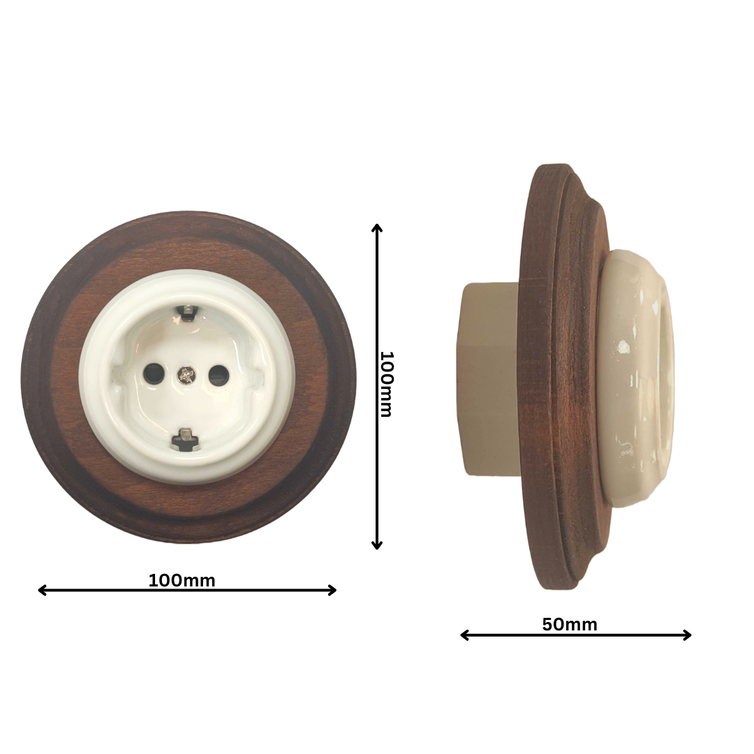 Wooden German Power Socket Porcelain Loft Retro Electrical Flush-Mounting Vintage Cottage Ceramic Dark Wood With White
