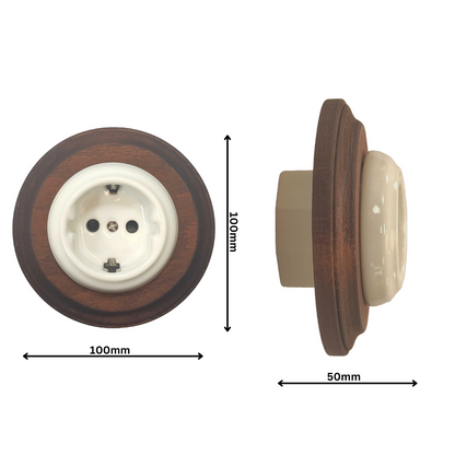 Wooden German Power Socket Porcelain Loft Retro Electrical Flush-Mounting Vintage Cottage Ceramic Dark Wood With White