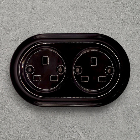 Retro style Black Ceramic Double UK Type socket Plug UK 3 Prong Flushed-Mounted Vintage Cottage