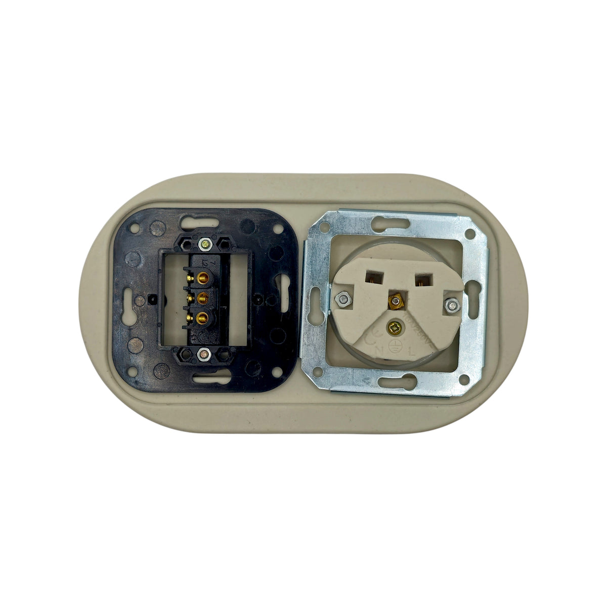 Flush Mount French (Type E) Socket + Rocker Light Switch SET with Earth Pin in White Porcelain