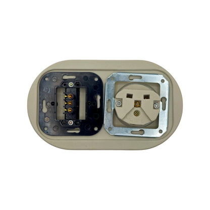 Flush Mount French (Type E) Socket + Rocker Light Switch SET with Earth Pin in White Porcelain