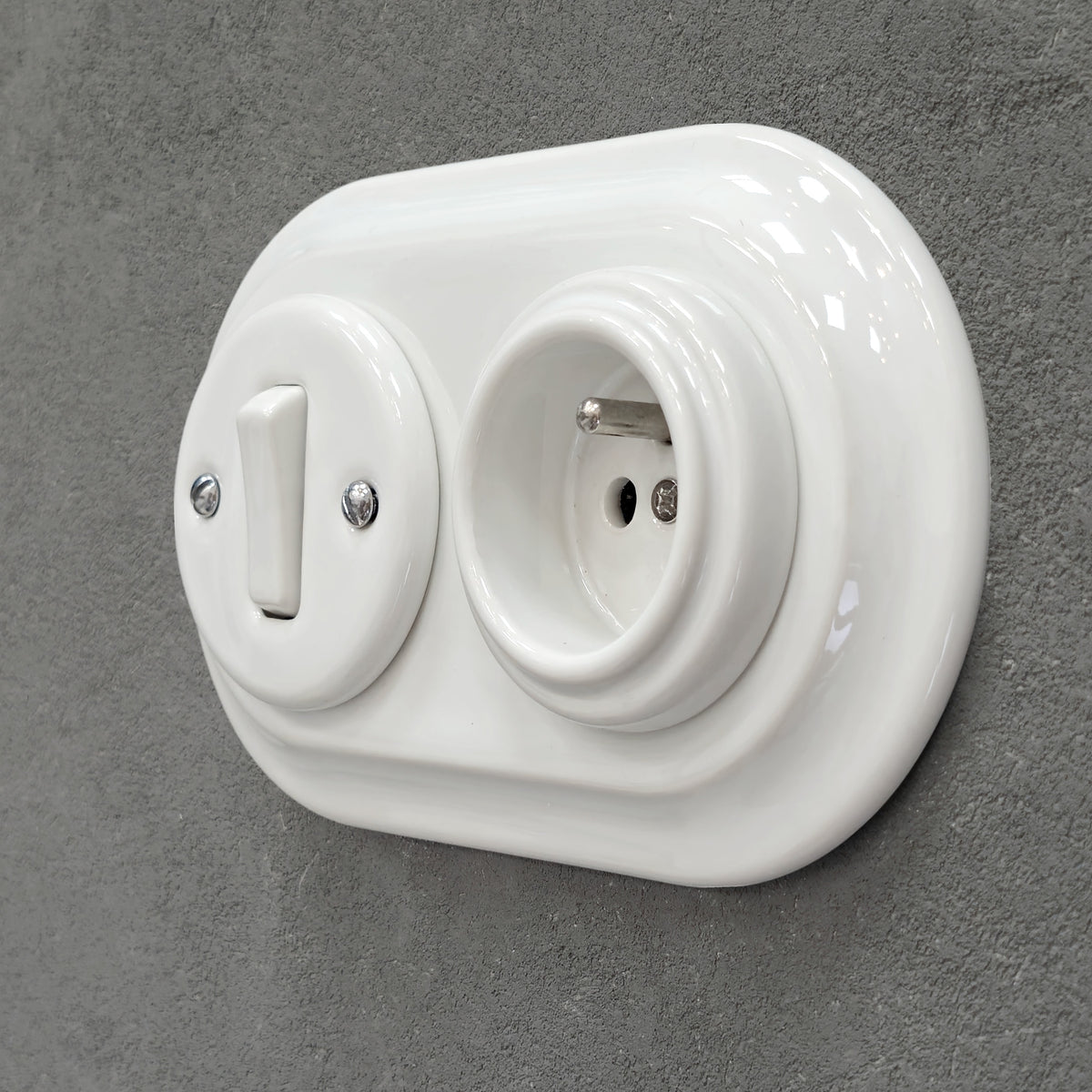 Flush Mount French (Type E) Socket + Rocker Light Switch SET with Earth Pin in White Porcelain