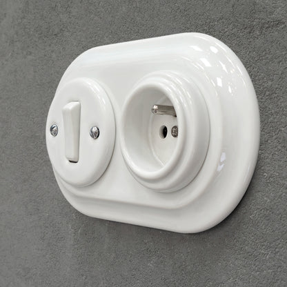 Flush Mount French (Type E) Socket + Rocker Light Switch SET with Earth Pin in White Porcelain