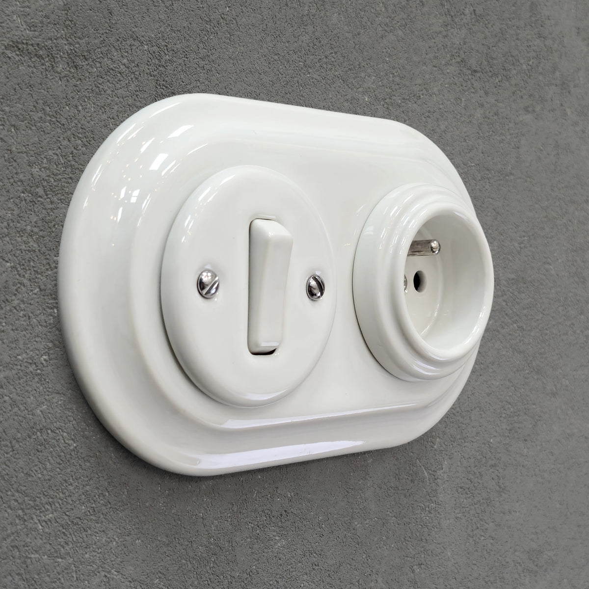 Flush Mount French (Type E) Socket + Rocker Light Switch SET with Earth Pin in White Porcelain