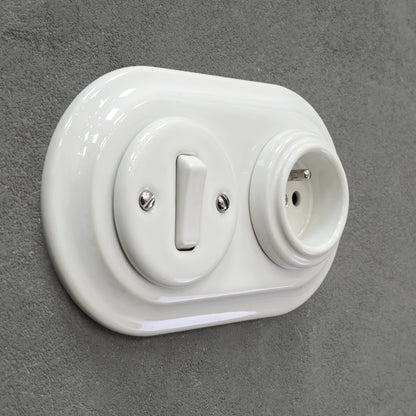 Flush Mount French (Type E) Socket + Rocker Light Switch SET with Earth Pin in White Porcelain