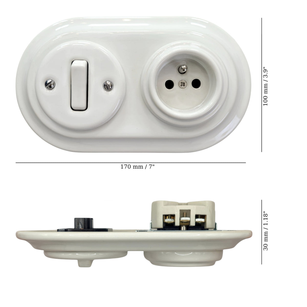 Flush Mount French (Type E) Socket + Rocker Light Switch SET with Earth Pin in White Porcelain