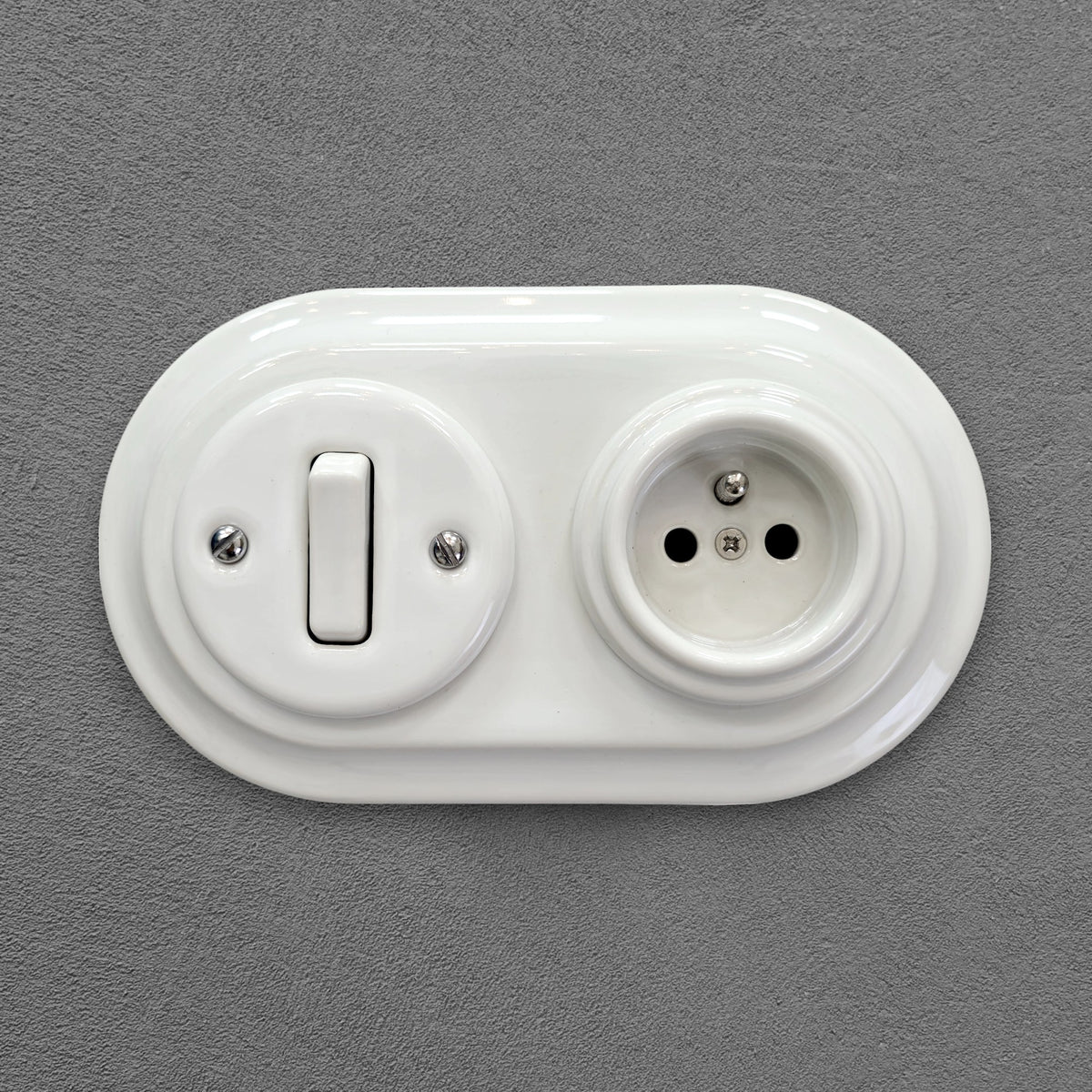 Flush Mount French (Type E) Socket + Rocker Light Switch SET with Earth Pin in White Porcelain