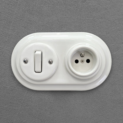 Flush Mount French (Type E) Socket + Rocker Light Switch SET with Earth Pin in White Porcelain