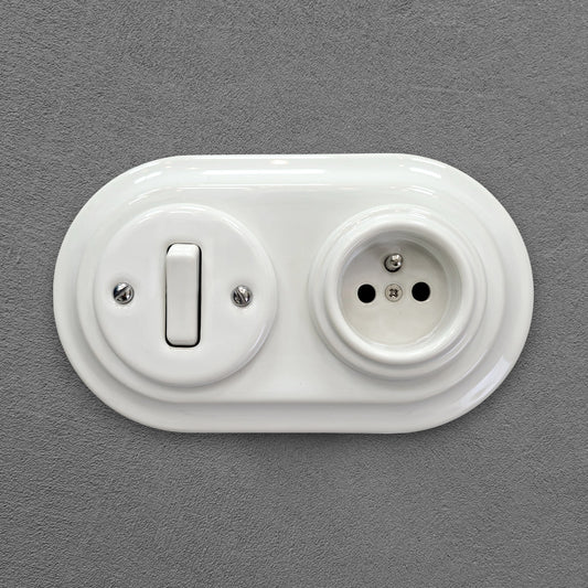 Flush Mount French (Type E) Socket + Rocker Light Switch SET with Earth Pin in White Porcelain
