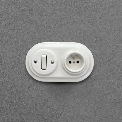 Flush Mount French (Type E) Socket + Rocker Light Switch SET with Earth Pin in White Porcelain