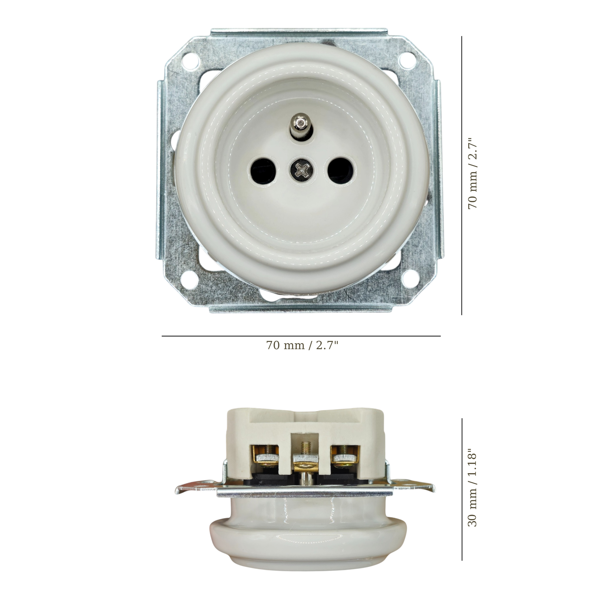 Single white French porcelain socket insert, flush-mount, measurements