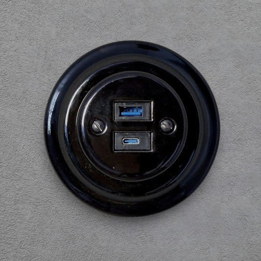 Porcelain USB Charging Socket – Retro Loft Style | Vintage Design, Flush-Mounted, USB A+C Socket in Black Ceramic