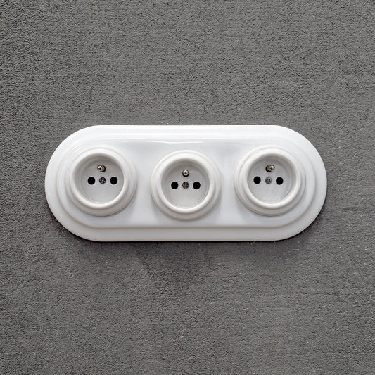 Triple Power Porcelain Socket – Retro Loft Style | Vintage Design, Flush-Mounted, French Socket in White Ceramic