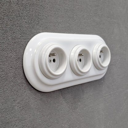 Triple Power Porcelain Socket – Retro Loft Style | Vintage Design, Flush-Mounted, French Socket in White Ceramic