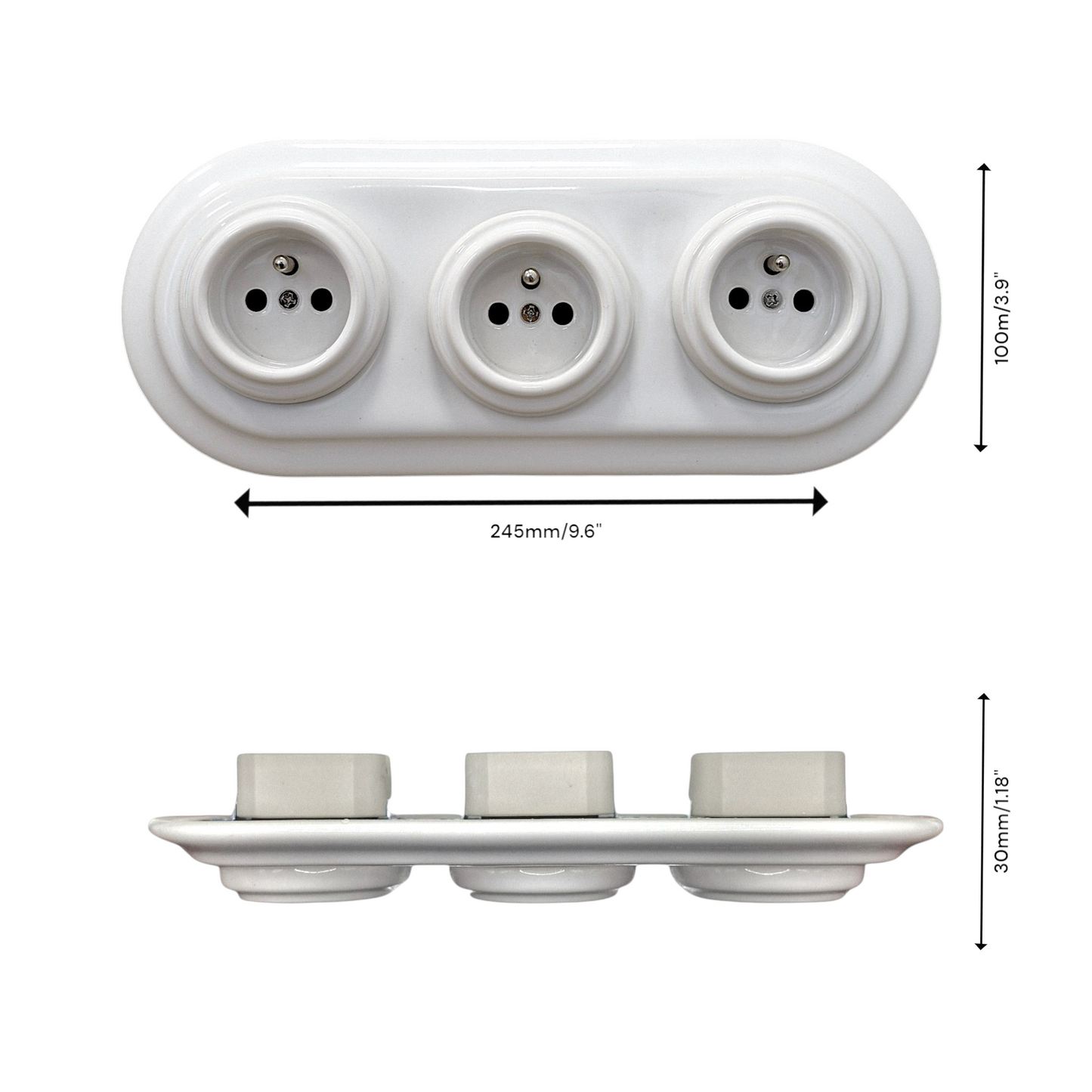 Triple Power Porcelain Socket – Retro Loft Style | Vintage Design, Flush-Mounted, French Socket in White Ceramic