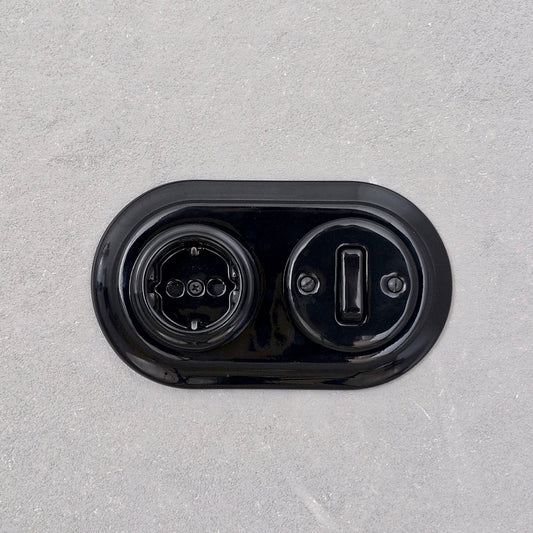 Porcelain Socket with Switch 1 Gang – Retro Loft Style | Vintage Design, Flush-Mounted, German Schuko Socket Black Ceramic