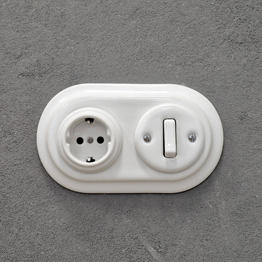 Porcelain Socket with Switch 1 Gang – Retro Loft Style | Vintage Design, Flush-Mounted, German Schuko Socket White Ceramic