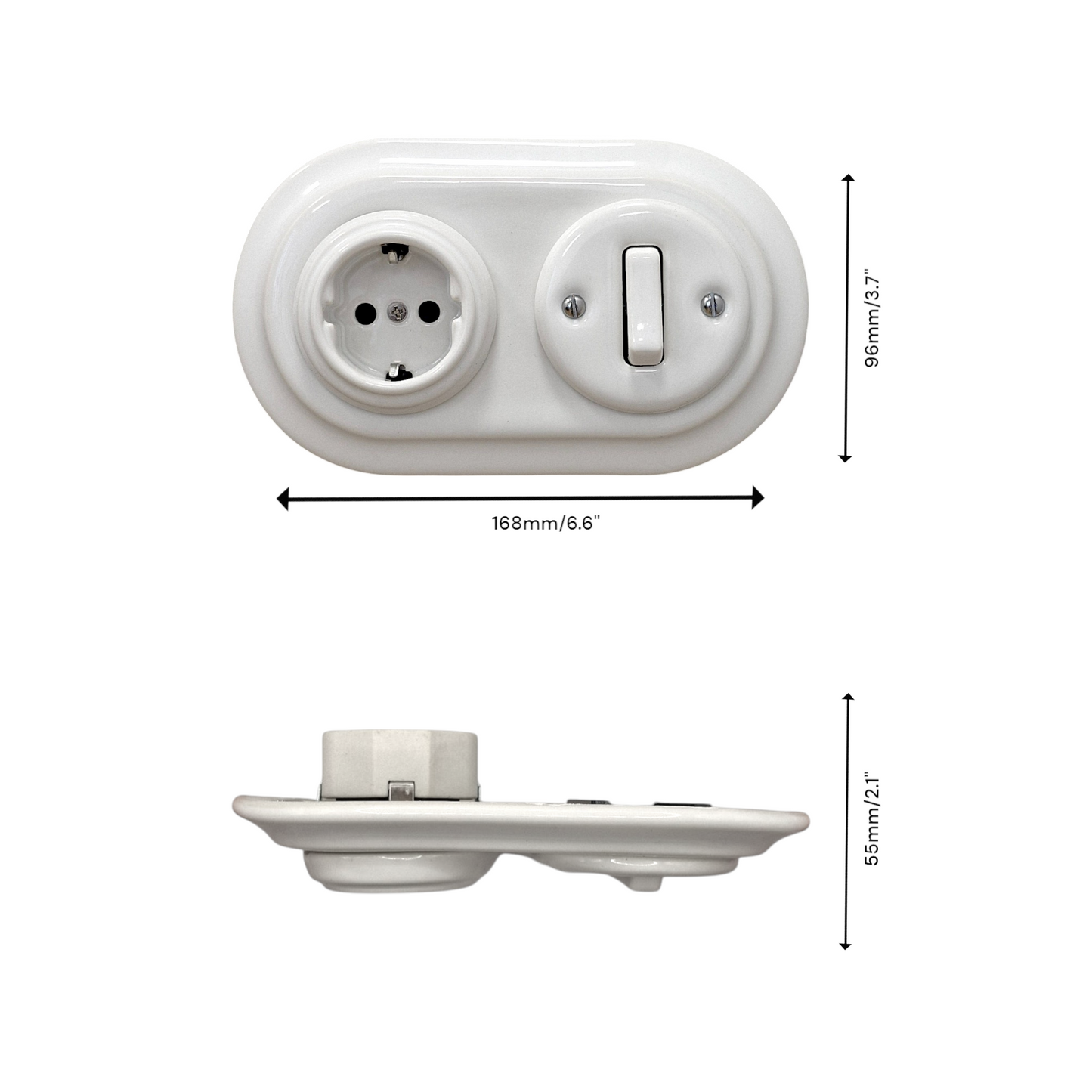 Porcelain Socket with Switch 1 Gang – Retro Loft Style | Vintage Design, Flush-Mounted, German Schuko Socket White Ceramic