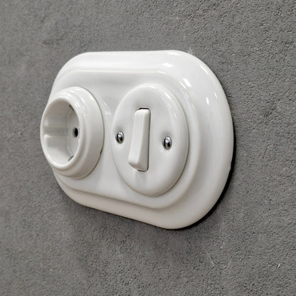 Porcelain Socket with Switch 1 Gang – Retro Loft Style | Vintage Design, Flush-Mounted, German Schuko Socket White Ceramic