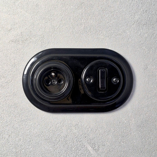 Retro Style Ceramic French Socket with A Switch – Retro Loft Style | Vintage Design, Flush-Mounted Black
