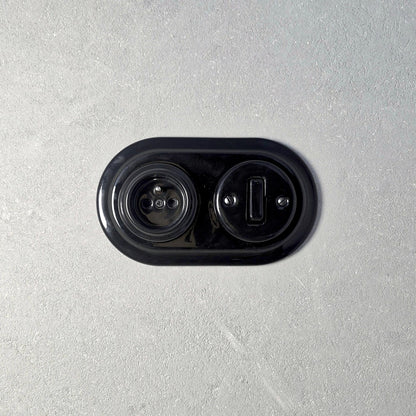 Retro Style Ceramic French Socket with A Switch – Retro Loft Style | Vintage Design, Flush-Mounted Black
